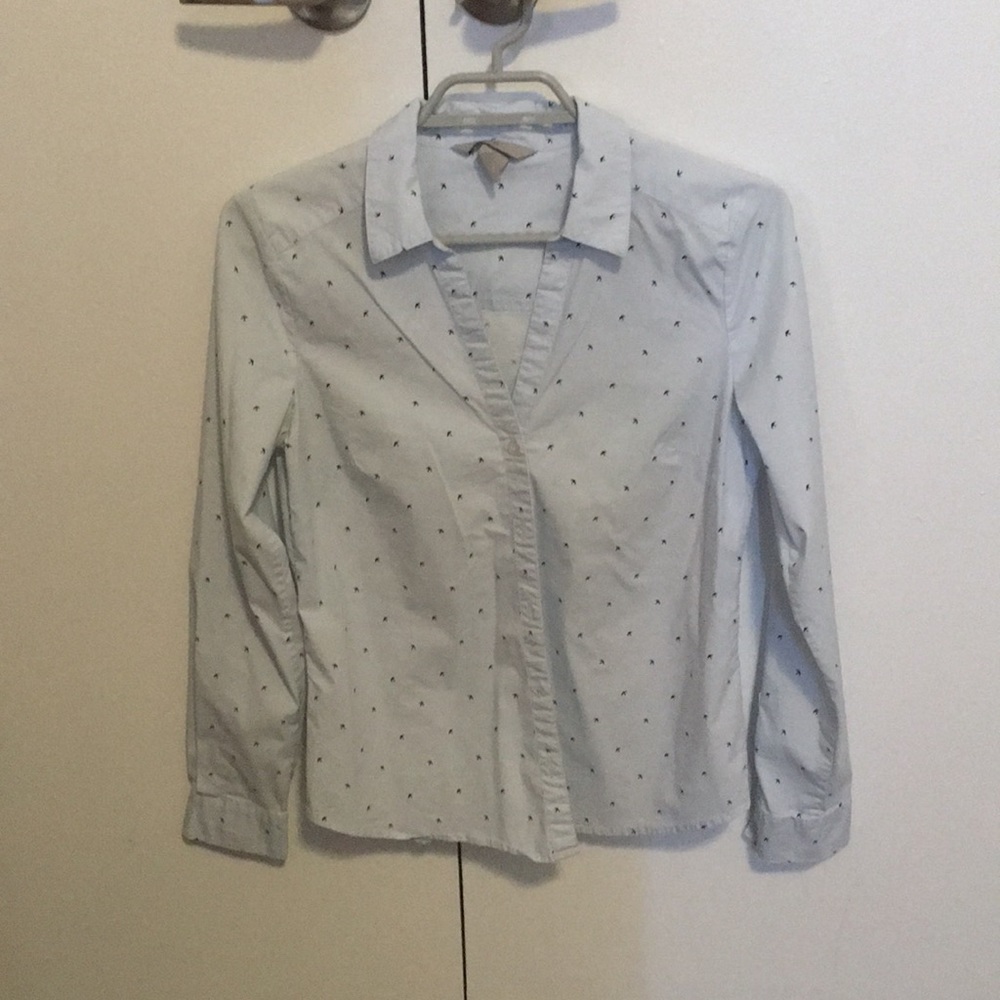 Bird print blue and white button down shirt